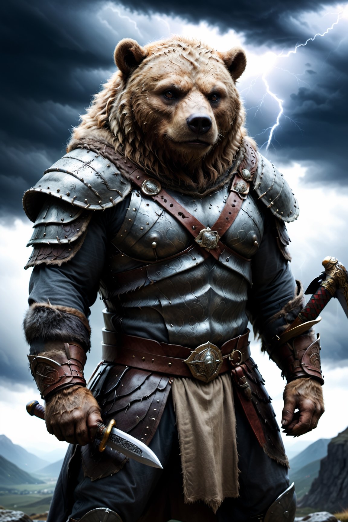 close up, of an bear viking, armored, mountains, holding one sword. dark and stormy sky, lightning flashing in distance.
(awesome, (((masterpiece))), (((best quality))), ((ultra detailed)), (illustration)), more detail XL