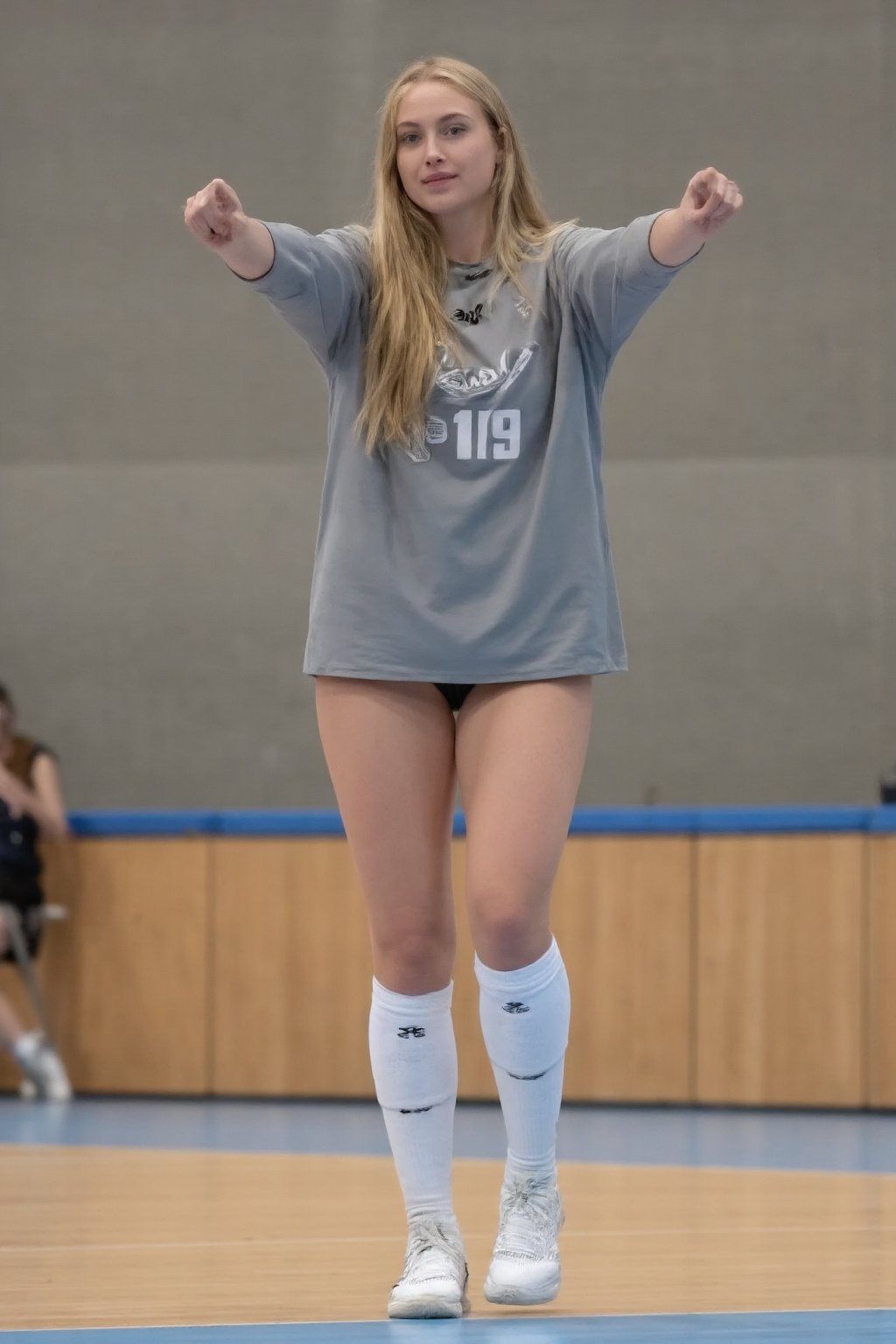 119 year old swedish girl, volleyball girl , very tall , big blue eyes, cute face,, blonde hair , tall girl , athletic body , big strong physique , full body shot , volleyball uniform , thick legs , at volleyball practice , , realistic,,Volleyball Girl