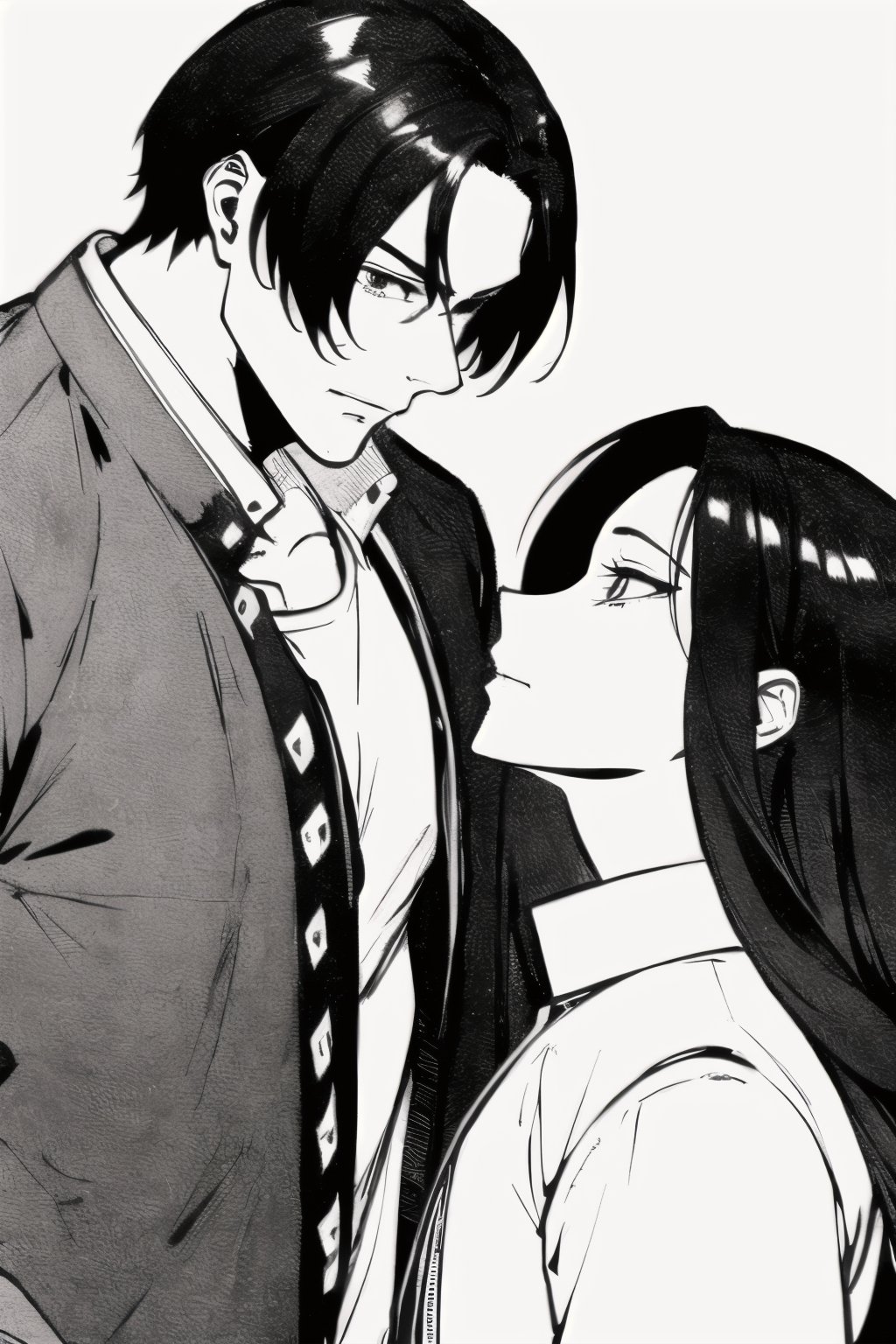 anime style, black and white, ink drawing, a handsome man and a girl with long hair, romantic scene, sketch, monochrome, OrochiKyo