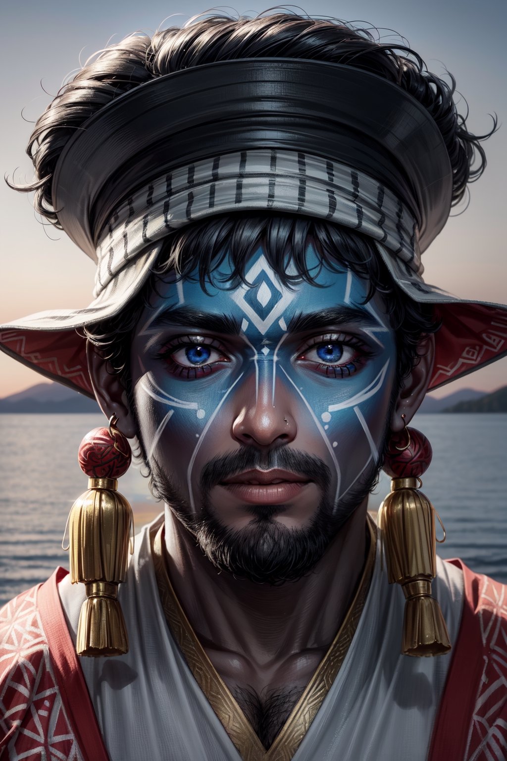 (pakistani man:1.3), (pakistani ethnicity:1.4), (great lakes), (tribal facepaint:1.4), (tribal clothing:1.3), high detail, best quality, sharp eyes, detailed eyes, 4k, semi realistic, high resolution, high quality,