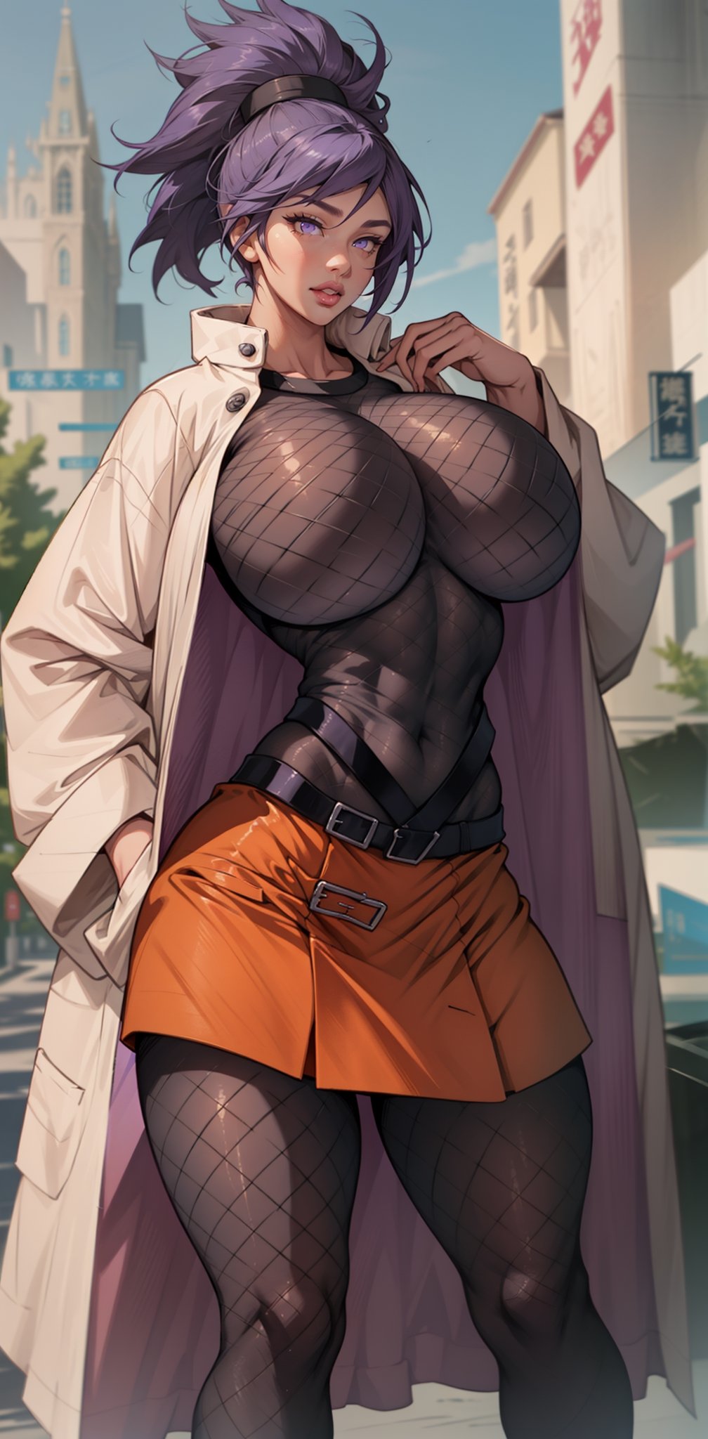 (bursting breasts:1.7), (purple_hair:1.1), (purple eyes:1.2), (trench_coat), (mesh_top), ((fishnet:1.2)), (fishnet_shirt), (coat:1.2), (orange skirt:1.3), (Gigantic breasts:1.7), (short_skirt:1.2), (Massive breasts:1.4), (muscular woman:1.2), huge breasts, high detail, long legs, (athletic woman:1.4), (very tiny waist:1.4), Beautiful detailed face, best quality, tiny waist, firm lips, full lips, thin waist, Big breasts, sanpaku eyes, high resolution, high quality, mitarashi anko, ,superwoman (mary batson),cum in breast,Milk breast,big lips,huge lips,enormous lips