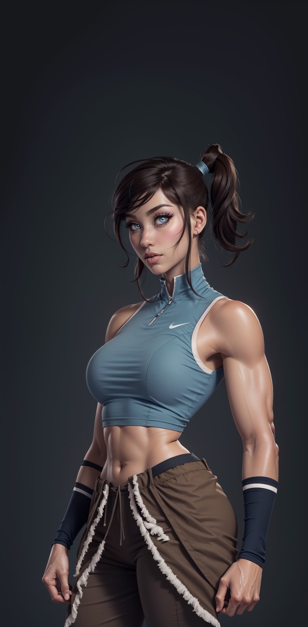 (korra), (dark skin), (dark-skinned female), (ponytail), (hair tubes), (sleeveless), (brown hair), (blue eyes), (bare shoulders), (Gigantic breasts), (gigantic cleavage), (brown pants), (baggy pants), (muscular woman), (ponytail), (gigantic breasts), (huge breasts), high detail, long legs, (Gigantic breasts), (Massive breasts), (muscular woman:1.2), huge breasts, high detail, long legs, (athletic woman), (very tiny waist:1.4), Beautiful detailed face, best quality, (layered hair), tiny waist, firm lips, full lips, thin waist, Big breasts, sanpaku eyes, high resolution, high quality, (bangs), (exposed shoulders), korra,korra