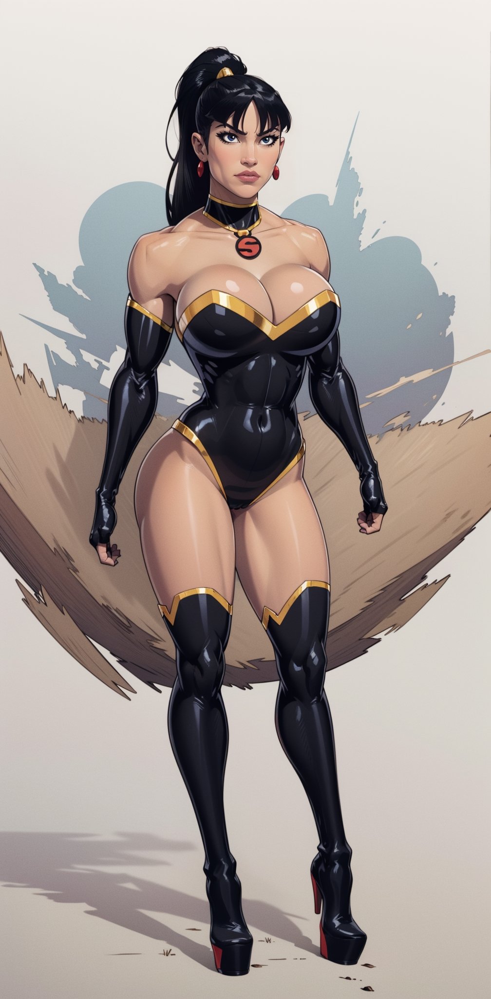 (black hair), black leotard, (black gloves:1.2), (elbow length gloves:1.2), (bare shoulders), skin tight, latex, shiny, (shoulder length hair), (black boots:1.2), (high-heel boots), (thigh high boots:1.2), (Gigantic breasts), (gigantic cleavage), (muscular woman:1.2), black leather, Leather catsuit, (ponytail), (gigantic breasts), (huge breasts), high detail, long legs, (Gigantic breasts), (Massive breasts), (muscular woman:1.2), huge breasts, high detail, long legs, (athletic woman), (very tiny waist:1.4), Beautiful detailed face, best quality, (layered hair), tiny waist, firm lips, full lips, thin waist, Big breasts, sanpaku eyes, high resolution, high quality, (bangs), (exposed shoulders),superwoman (mary batson)