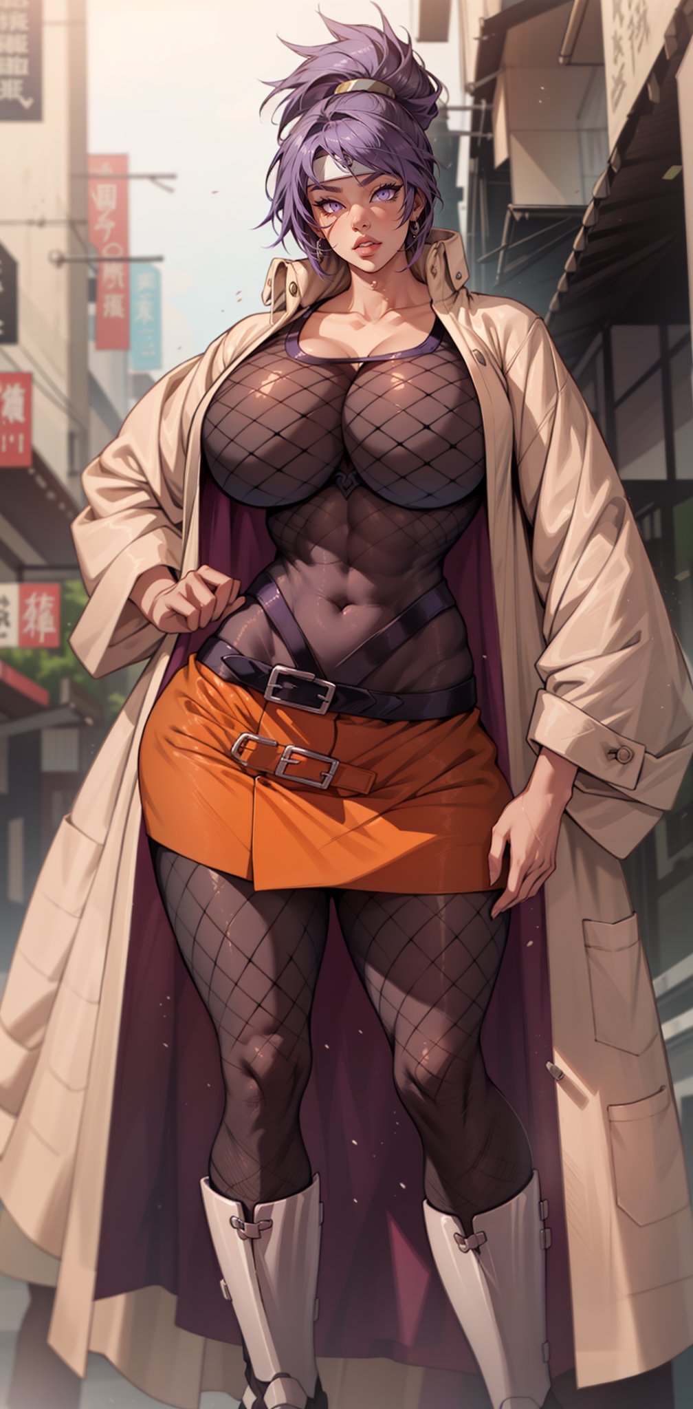 (bursting breasts:1.7), (purple_hair:1.1), (purple eyes:1.2), (trench_coat), (mesh_top), ((fishnet:1.2)), (fishnet_shirt), (coat:1.2), (orange skirt:1.3), (Gigantic breasts:1.7), (short_skirt:1.2), (Massive breasts:1.4), (muscular woman:1.2), huge breasts, high detail, long legs, (athletic woman:1.4), (very tiny waist:1.4), Beautiful detailed face, best quality, tiny waist, firm lips, full lips, thin waist, Big breasts, sanpaku eyes, high resolution, high quality, mitarashi anko, ,superwoman (mary batson),cum in breast,Milk breast,big lips,huge lips,enormous lips