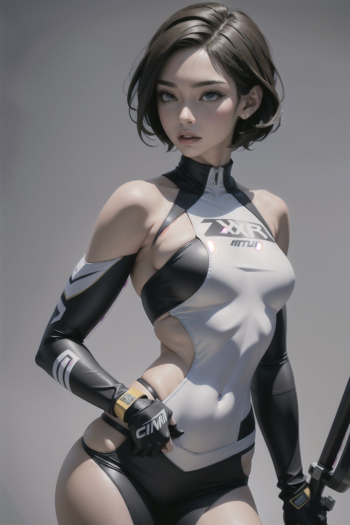 Create a photorealistic image of a woman with Torn dressed Motocross suit. Strapless should have a fit and athletic build, suggesting that she has short hair, hand on her hip. Her expression should convey a sense of determination