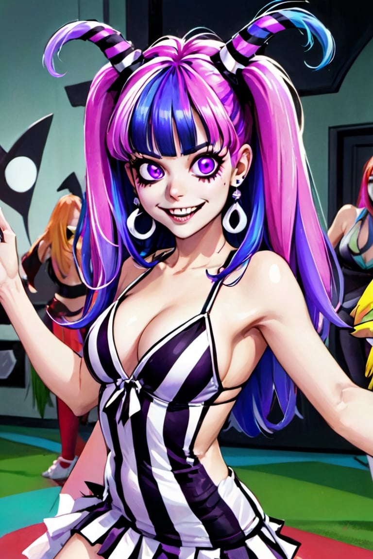 horror theme, beetlejuice, poitergeist, 1girl, solo, purple eyes, looking at viewer, long hair, little smile, breasts, multicolored hair, pink hair, earrings, cleavage, upper body, teeth, fangs, hair between eyes, tank top, streaked hair, bangs, pom pom (cheerleading)