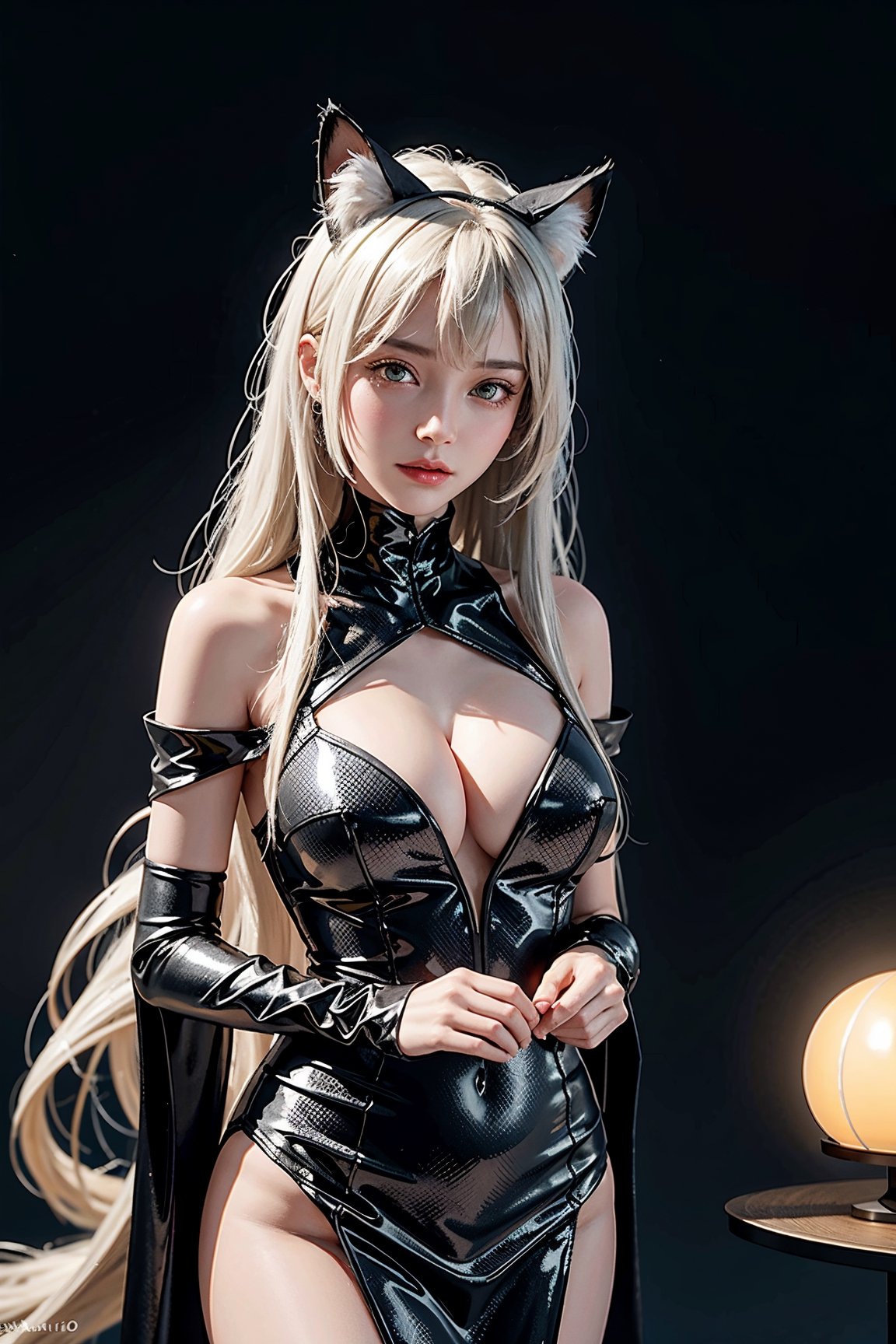 3D Modeling, 3D Rendering, Ray Tracing, Machine Learning for Rendering, Generative Adversarial Networks (GANs), 3D Reconstruction, Real-time Rendering, Photorealistic Rendering, Deep Learning for Texture and Material Synthesis, AI-driven Artistic Style Transfer, VR and AR Rendering, 1Girl, beautiful Devil with a cat ears, costume in witch dress, white long hair, cat eyes, jewelry