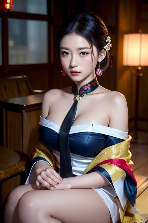 masterpiece, best quality, best photography, 1girl, big brests, chinese traditional short dress, tie hair, jewelry, hairpins,FilmGirl,xxmixgirl,fantasy_princess,asian girl