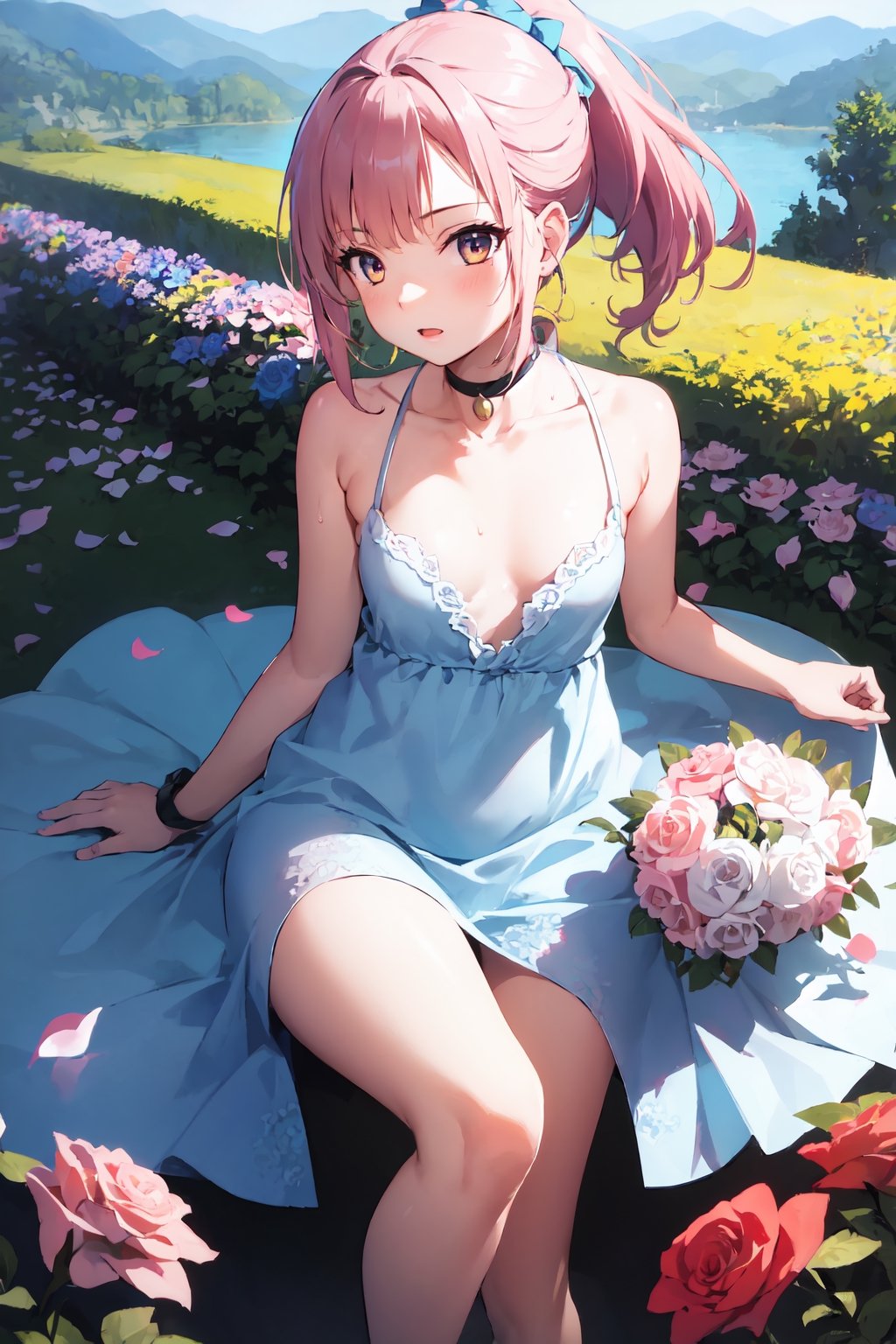 1girl, ponytail , (dress:1.3), small breasts, collarbone, flowers and petals, (illustration:1.1), (perfect details:1.1), landscape, background, rose, abstract,