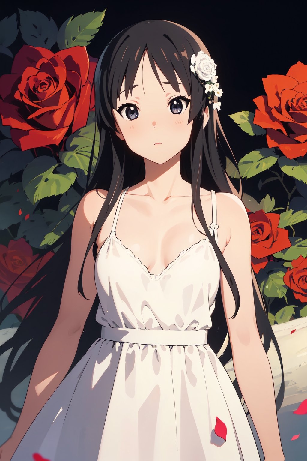 1girl, long straight hair for , (dress:1.3), small breasts, collarbone, flowers and petals, (illustration:1.1), (perfect details:1.1), landscape, background, rose, abstract,mio akiyama