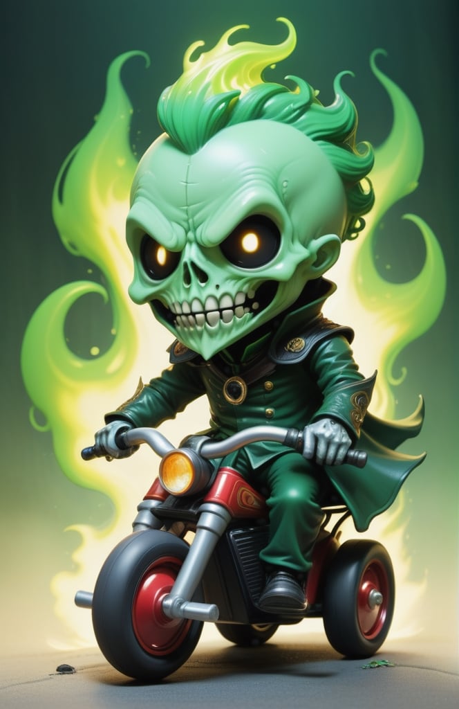 2D, creepy, cute Chibi Headless Horseman (dullahan), green flame coming out from his neck, driving a tricycle, cartoon, ((headless)) Disembodied Head, holding head in hand (style of Skottie Young:1.3) (masterpiece, best quality:1.5)