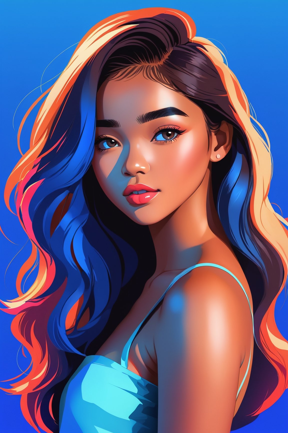 shadow flat vector art, illustrator, anime , realistic ,sketch , 1girl, filipina brown skin, andrea brillantes, ful body shot, head to toe, nudity, ,lip,  Blue gradient background, Neon hair,Textured crop,xxmix_girl,Eimi