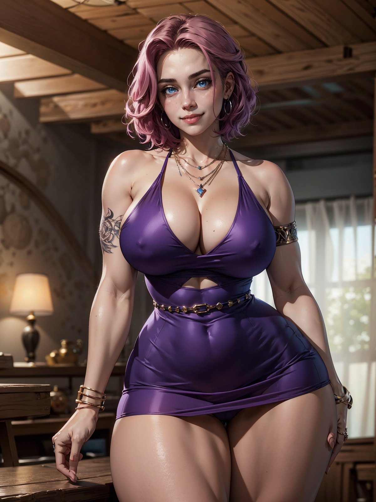 1girl, large breasts, perfect face, detailed face, smile, blue eyes, short hair, asymmetrical hair, pink hair, sexy look, sexy purple dress, sexy pose, indoors, cinematic,thighlet, thigh ring, armlet, necklace, earrings, bangles, chromatic clothes,tattoo, bare shoulders,thick thighs, large cleavage, sideboobs, breasts overflow, wide hips, narrow waist, 
Masterpiece, best quality, from 45 degree angle , ultra resolution, high resolution, HDR, volumetric light,Detailedface