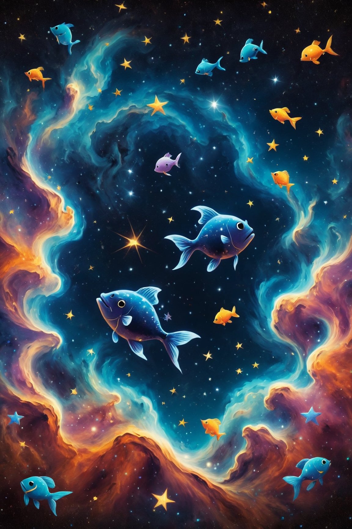 masterpiece, best quality, extremely detailed 8K, constalation nebula sky, negative space in the middle ((symbolism pisces sign zodiac)) (2 cute fish) stars, space, cynematic, black background, kids illustration