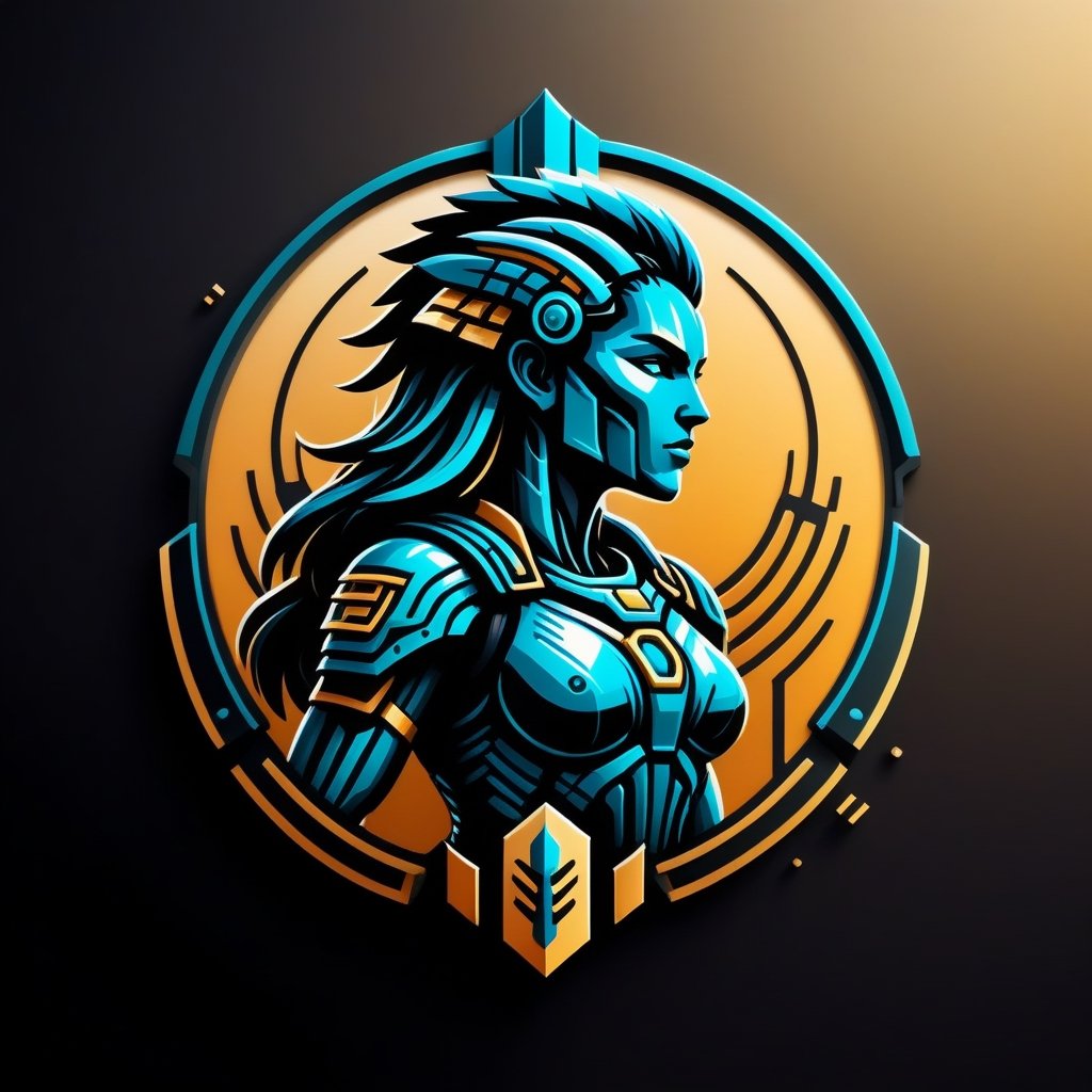 The logo features a combination of symbolic elements that represent bioengineering. stylized computer chips, biomechanical  weapon, and a person silhouette to convey the essence of surviving, Stylized logo showcases a simplified and iconic representation of a warrior.