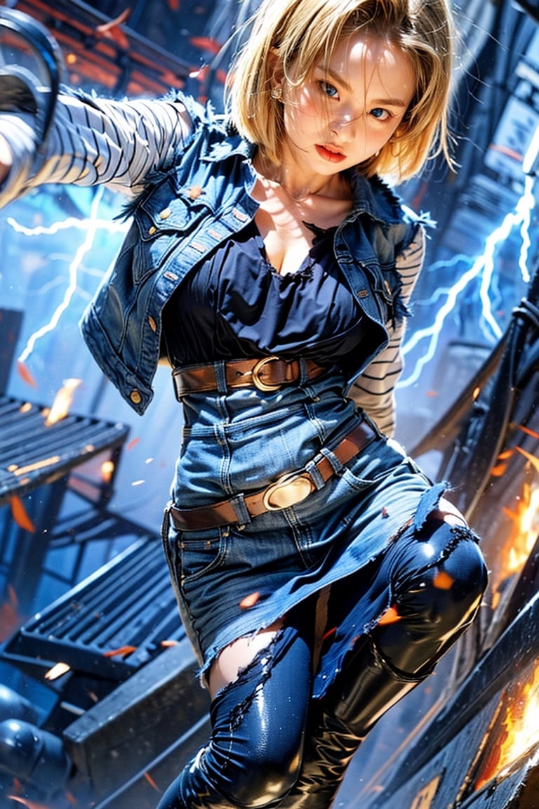 1girl, solo, short hair, blue eyes, skirt, blonde hair, jewelry, jacket, pantyhose, earrings, boots, belt, torn clothes, denim, denim skirt, denim jacket, android 18, fire ,lightning,Android_18_DB