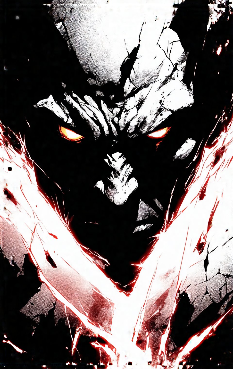 Frank Miller Sin City comic style. Extreme close-up: Stone gargoyle's head snaps upward,  intense glowing amber eyes locki...