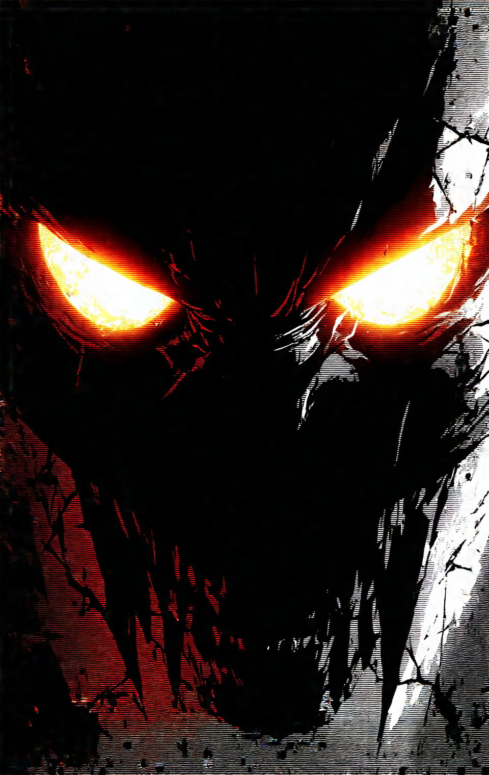 Frank Miller Sin City comic style. Extreme close-up: Stone gargoyle's head snaps upward,  intense glowing amber eyes locki...