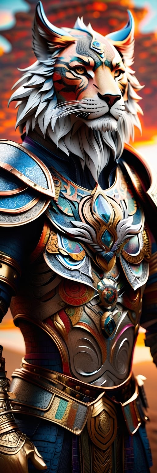 anthropomorphic gorgeous "wolf lion tiger" wearing mercury armor with epic paisley patterned filigree,  perfectly detailed...
