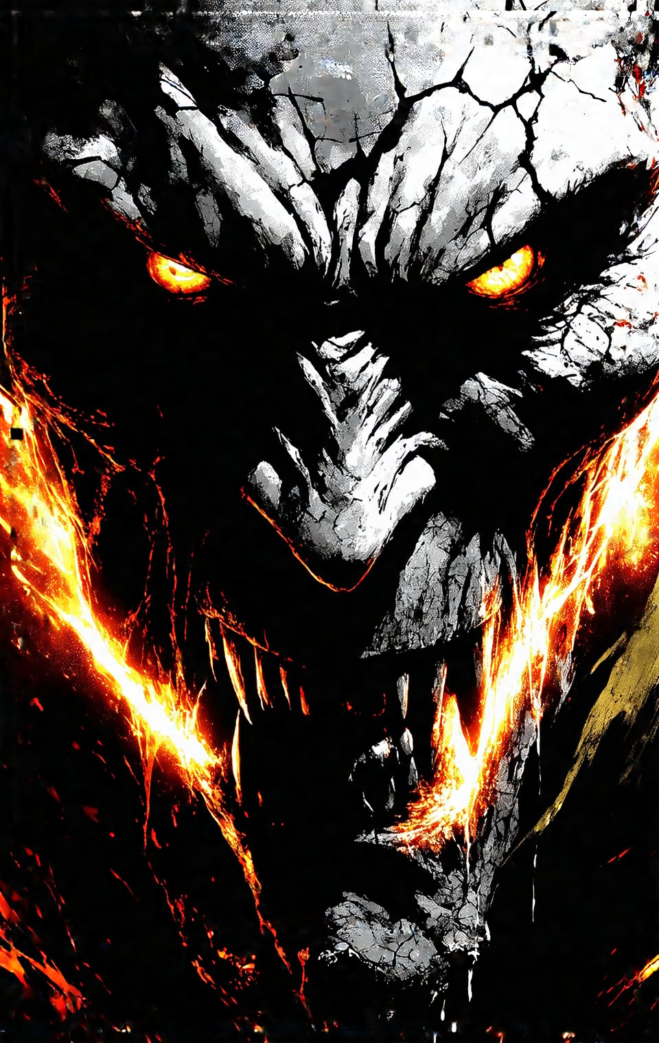 Frank Miller Sin City comic style. Extreme close-up: Stone gargoyle's head snaps upward,  intense glowing amber eyes locki...