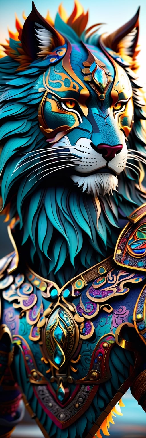 anthropomorphic gorgeous "wolf lion tiger" wearing mercury armor with epic paisley patterned filigree,  perfectly detailed...