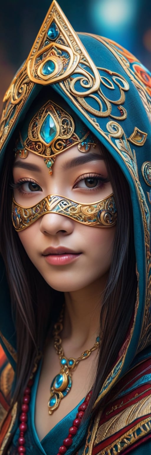 half facial mask on a hooded cute female magician warrior adorned with asymmetric designs,closeup portrait, macro photo of miki asai, light smile, interwoven arcane and illuminati symbols including Eye of Horus, vibrant hues, hyperdetailed, elaborate craftsmanship, mysterious aura, digital painting, digital illustration, extreme detail, 4k, ultra HD.