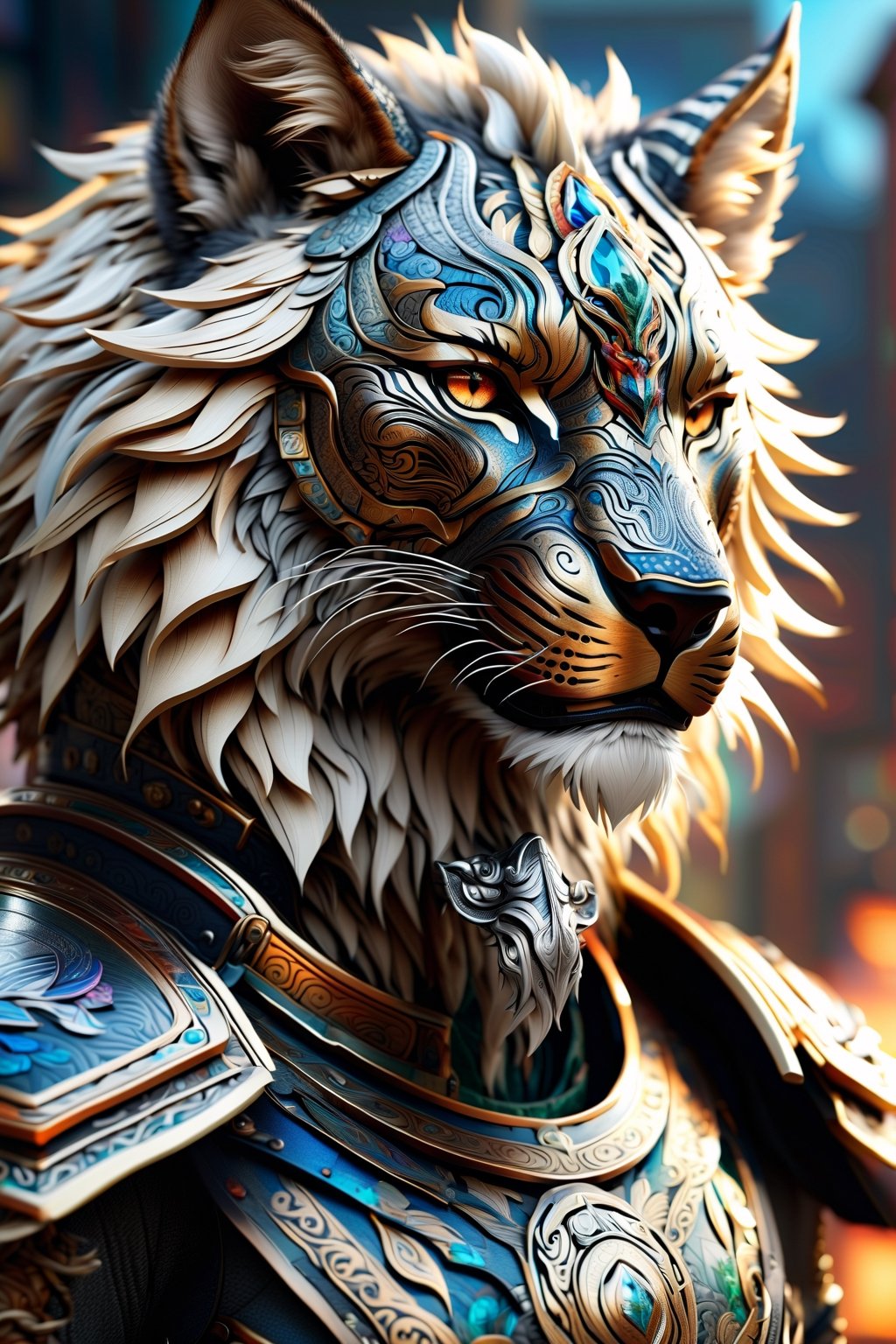 anthropomorphic gorgeous "wolf lion tiger" wearing mercury armor with epic paisley patterned filigree,  perfectly detailed...