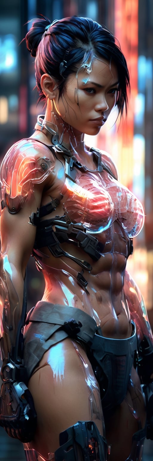 Cyborg woman Moa Kikuchi, transparent body, fractured, muscles torn, captured in a digital painting  styles of Jeremy Mann, transparent cinematic hologram, internal glow showcasing muscle tissue, nerves, resembling a gynoid with the whimsy of Samurai and mythical charm, Makoto Shinkai's layer of depth
