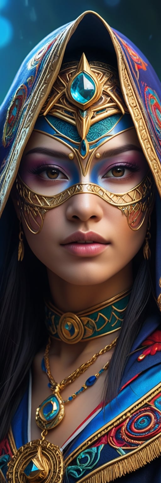 Full facial mask on a hooded female magician warrior adorned with asymmetric designs,closeup portrait, macro photo of miki asai, light smile, interwoven arcane and illuminati symbols including Eye of Horus, vibrant hues, hyperdetailed, elaborate craftsmanship, mysterious aura, digital painting, digital illustration, extreme detail, 4k, ultra HD.