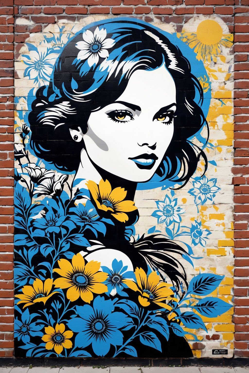 woman, flowers, stencil art, style Shepard Fairey, highly detailed, brick wall, white black blue yellow