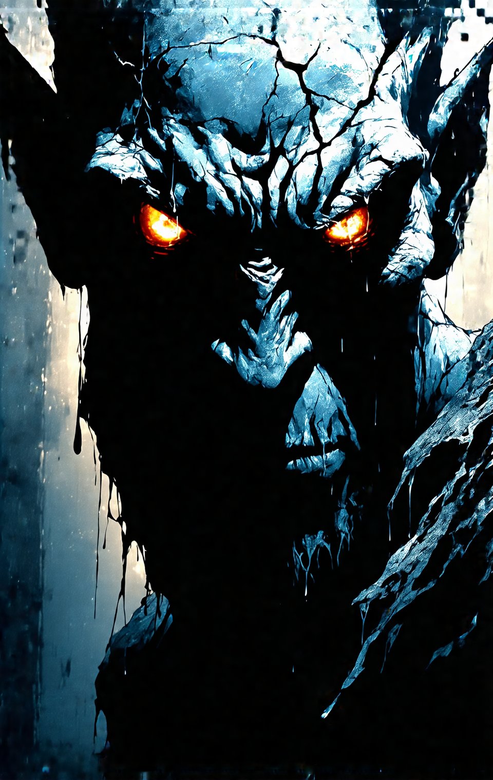 Frank Miller Sin City comic style. Extreme close-up: Stone gargoyle's head snaps upward,  intense glowing amber eyes locki...