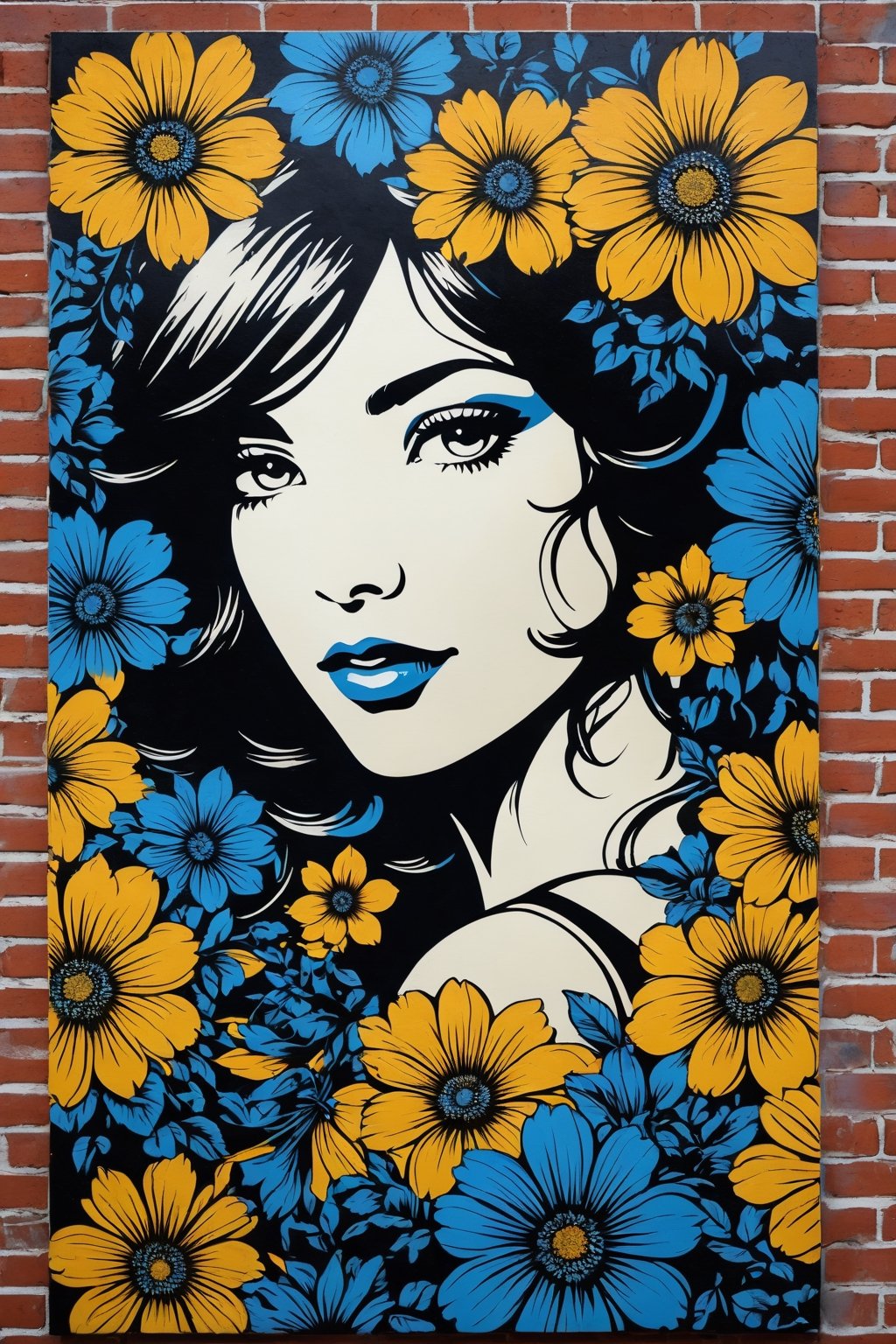 woman, flowers, stencil art, style Shepard Fairey, highly detailed, brick wall, white black blue yellow