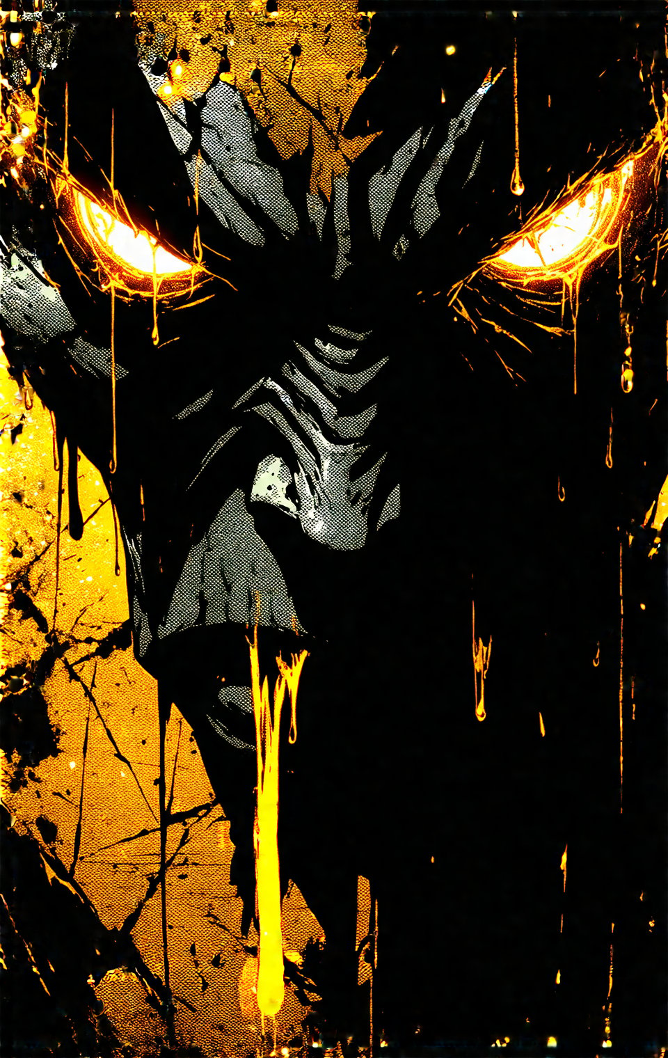 Frank Miller Sin City comic style. Extreme close-up: Stone gargoyle's head snaps upward,  intense glowing amber eyes locki...