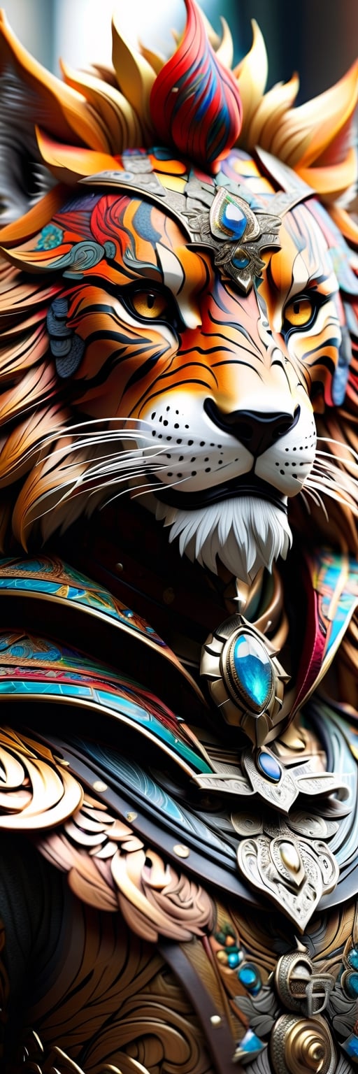 anthropomorphic gorgeous "wolf lion tiger" wearing mercury armor with epic paisley patterned filigree,  perfectly detailed...
