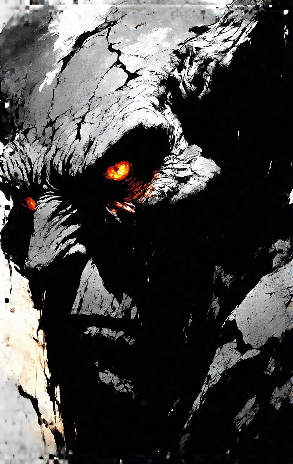 Frank Miller Sin City comic style. Extreme close-up: Stone gargoyle's head snaps upward,  intense glowing amber eyes locki...