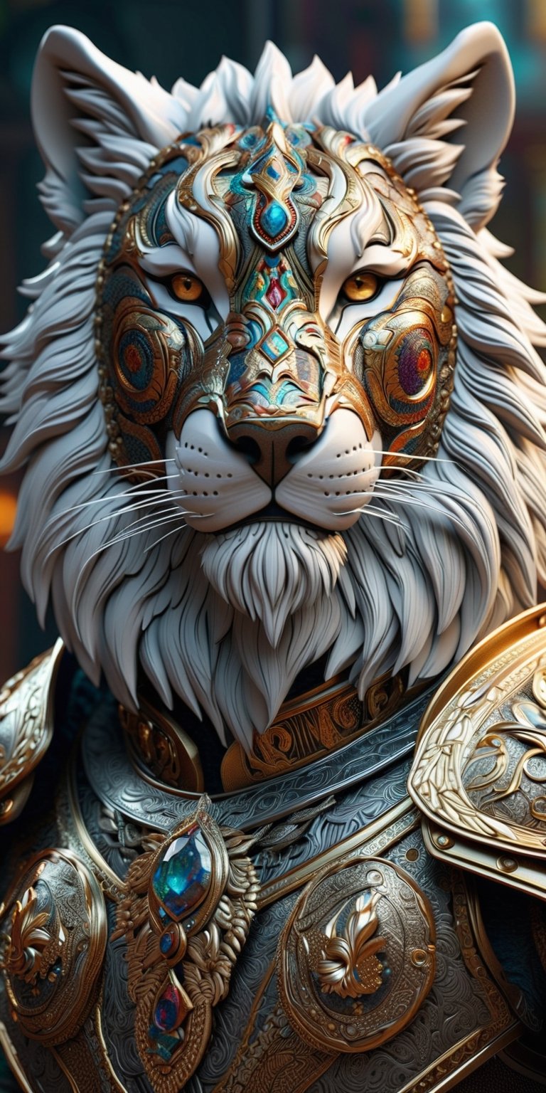 anthropomorphic gorgeous "wolf lion tiger" wearing mercury armor with epic paisley patterned filigree,  perfectly detailed...