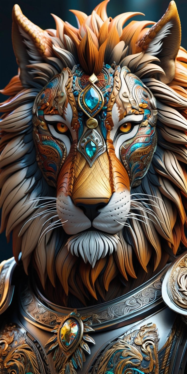 anthropomorphic gorgeous "wolf lion tiger" wearing mercury armor with epic paisley patterned filigree,  perfectly detailed...