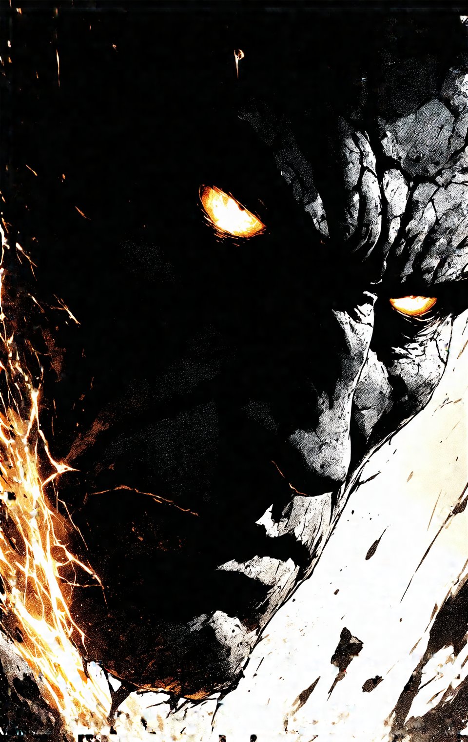 Frank Miller Sin City comic style. Extreme close-up: Stone gargoyle's head snaps upward,  intense glowing amber eyes locki...