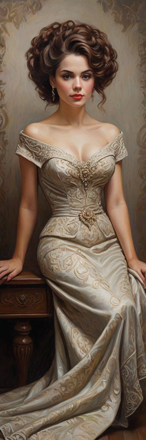 A richly textured oil painting of an elegant woman in a vintage gown, the thick brushstrokes giving life to her curled hair and the fabric’s intricate patterns