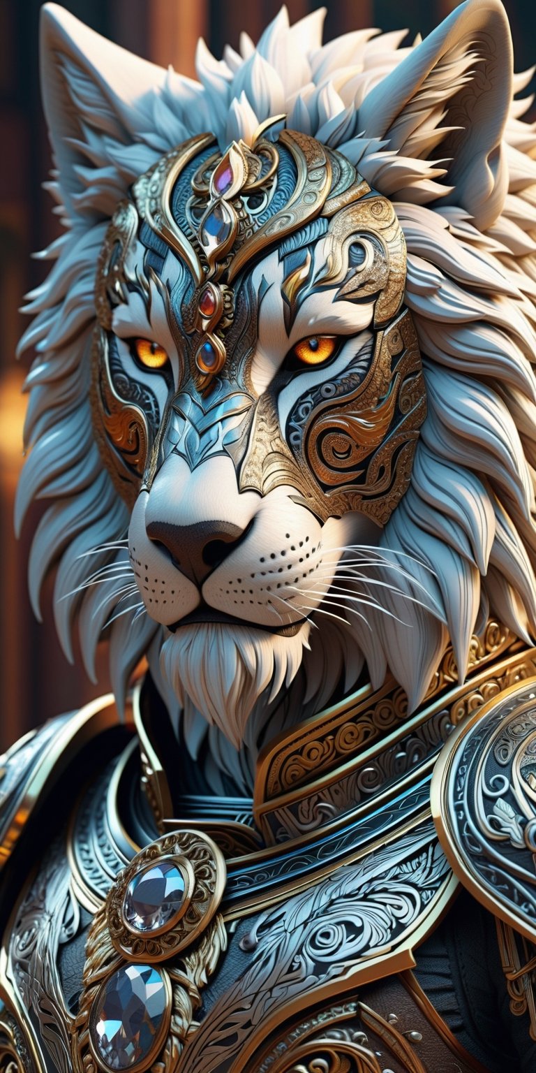 anthropomorphic gorgeous "wolf lion tiger" wearing mercury armor with epic paisley patterned filigree,  perfectly detailed...