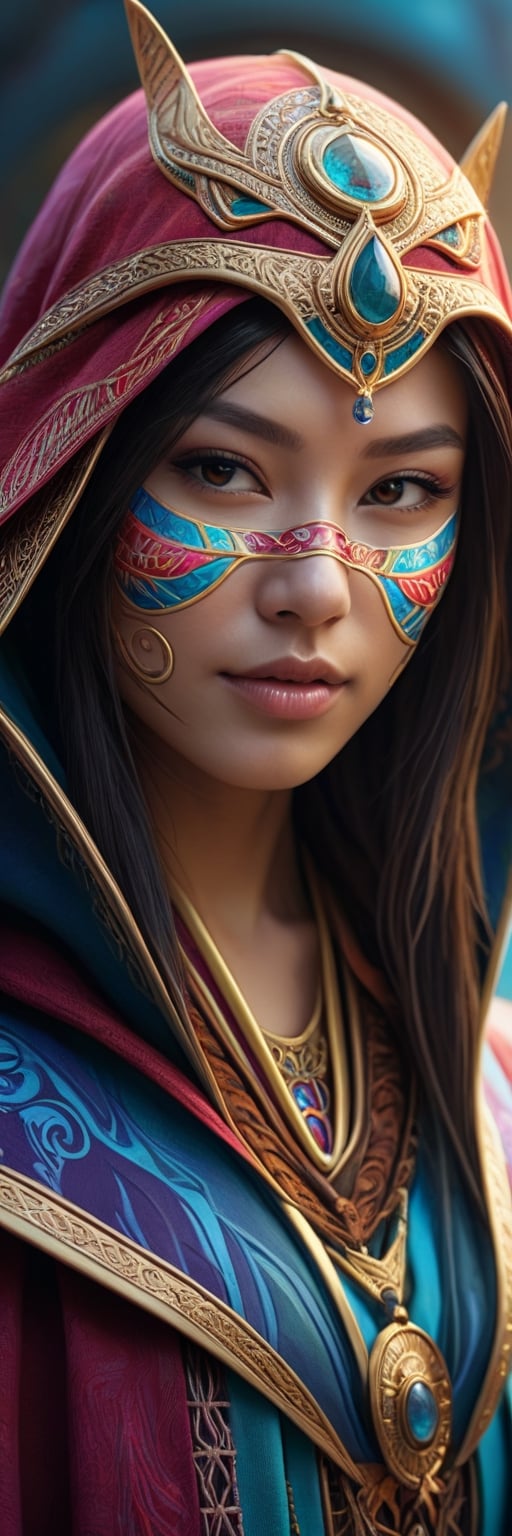 Full facial mask on a hooded female magician warrior adorned with asymmetric designs,closeup portrait, macro photo of miki asai, light smile, interwoven arcane and illuminati symbols including Eye of Horus, vibrant hues, hyperdetailed, elaborate craftsmanship, mysterious aura, digital painting, digital illustration, extreme detail, 4k, ultra HD.