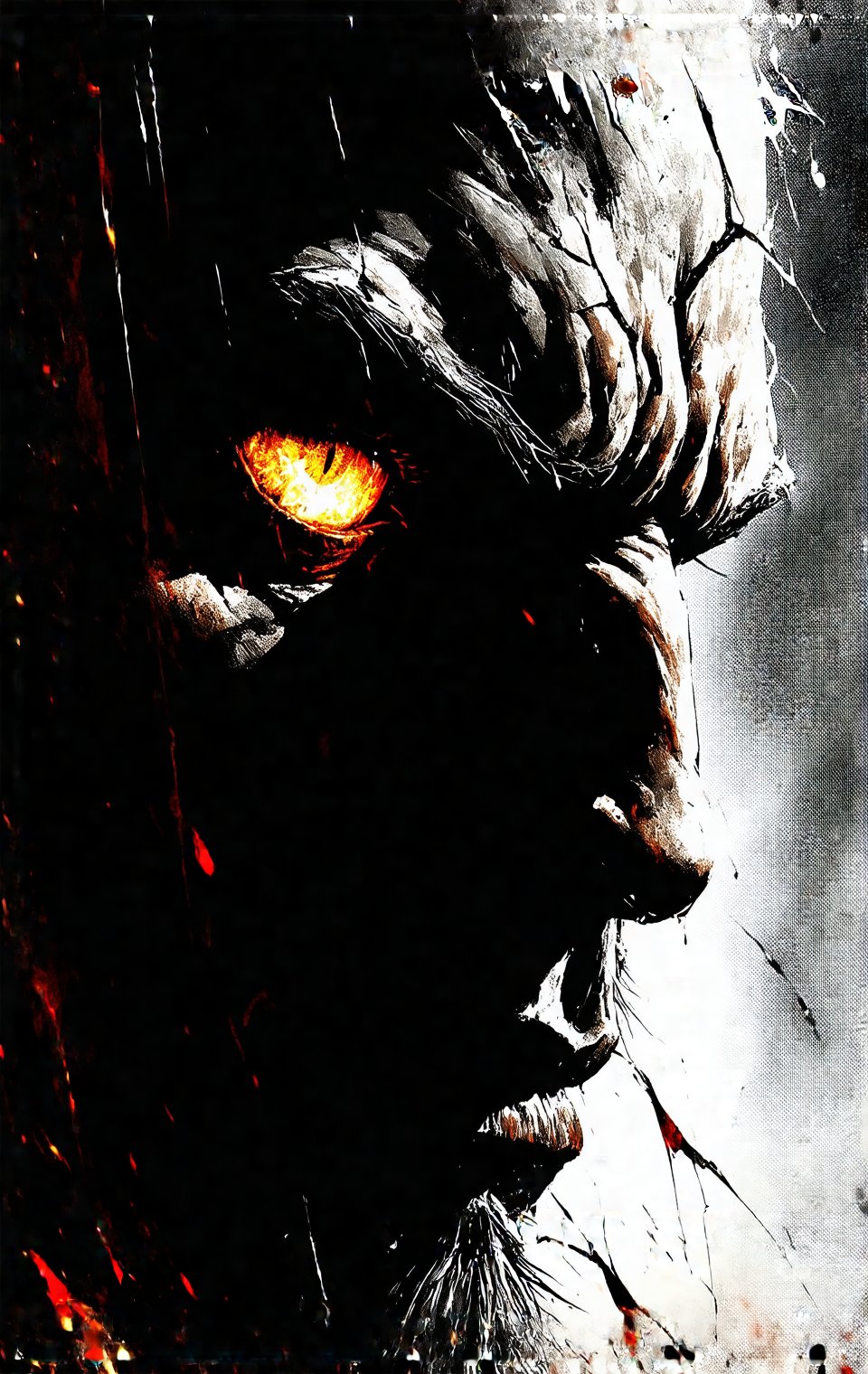 Frank Miller Sin City comic style. Extreme close-up: Stone gargoyle's head snaps upward,  intense glowing amber eyes locki...