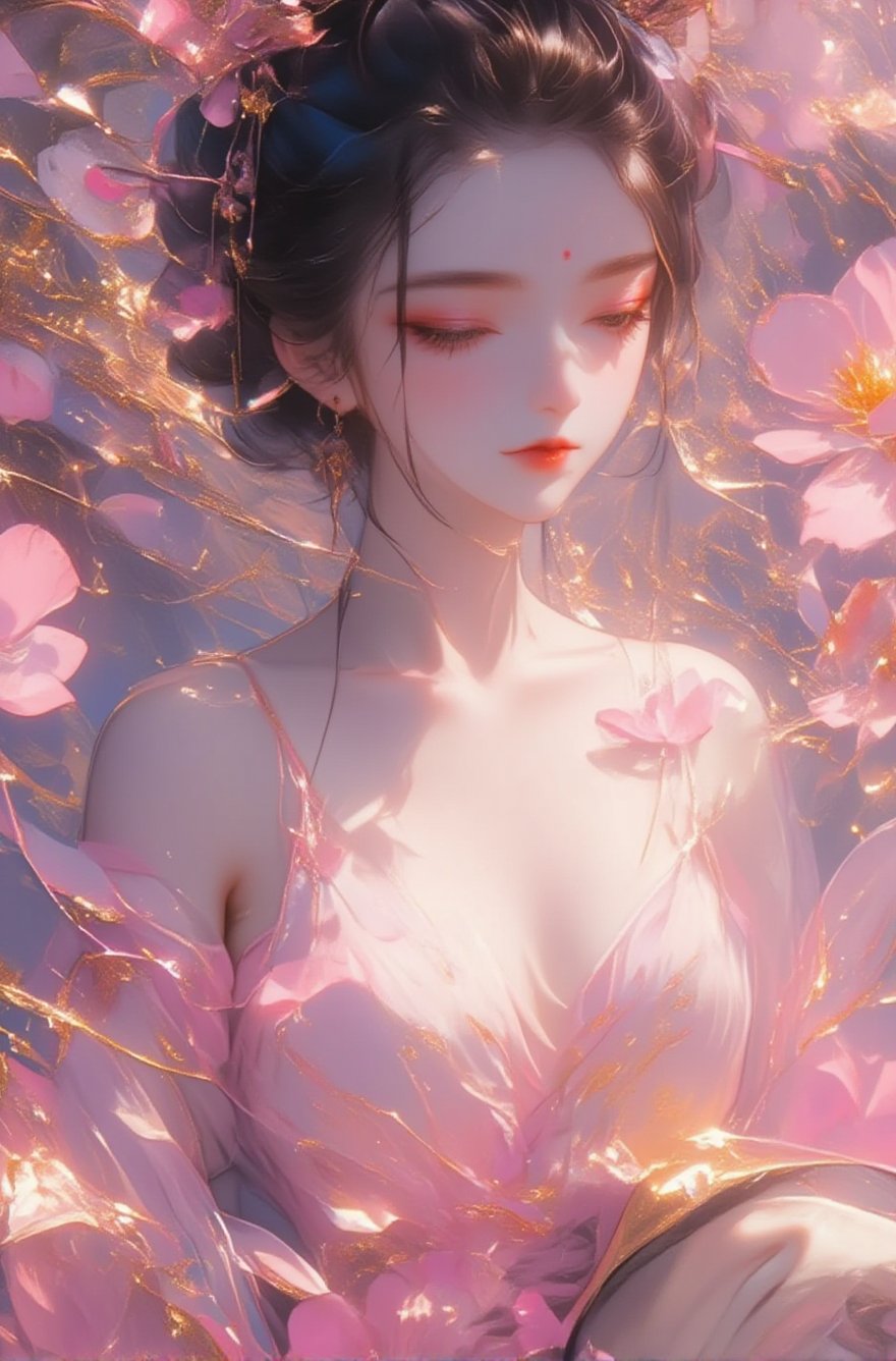 Chinese beauty in the ocean of petals, mischievous, full body photo, a flower sea composed of pink petals, snow-white skin, photography lighting, Sony camera, ultra-high pixel, high brightness, style raw, stylize 400, niji 6