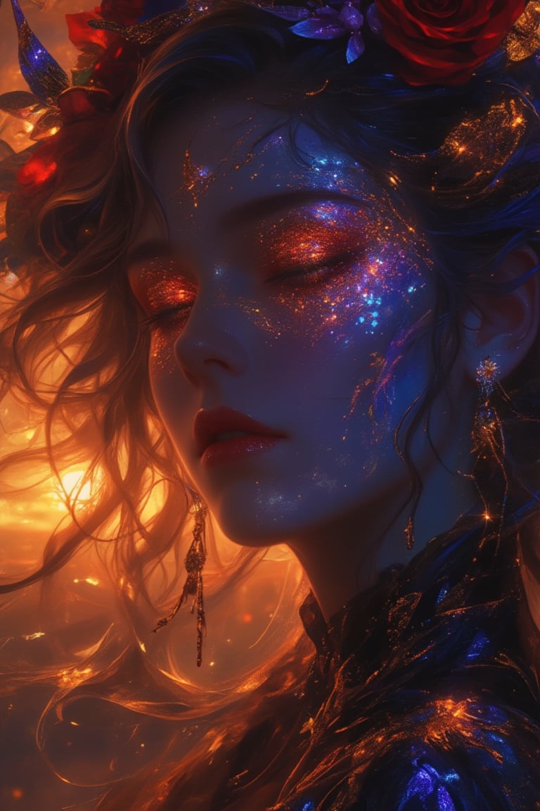 the sun goes down over the mexican town of mexico city on the day of the dead, in the style of kirsty mitchell, sony alpha a7 iii, made of crystals, vibrant bioluminescent makeup, eyes made of tiny sugar skulls, giuseppe arcimboldo, close up, cult party kei, kabuki theater, chaos 12, stylize 500, Niji6