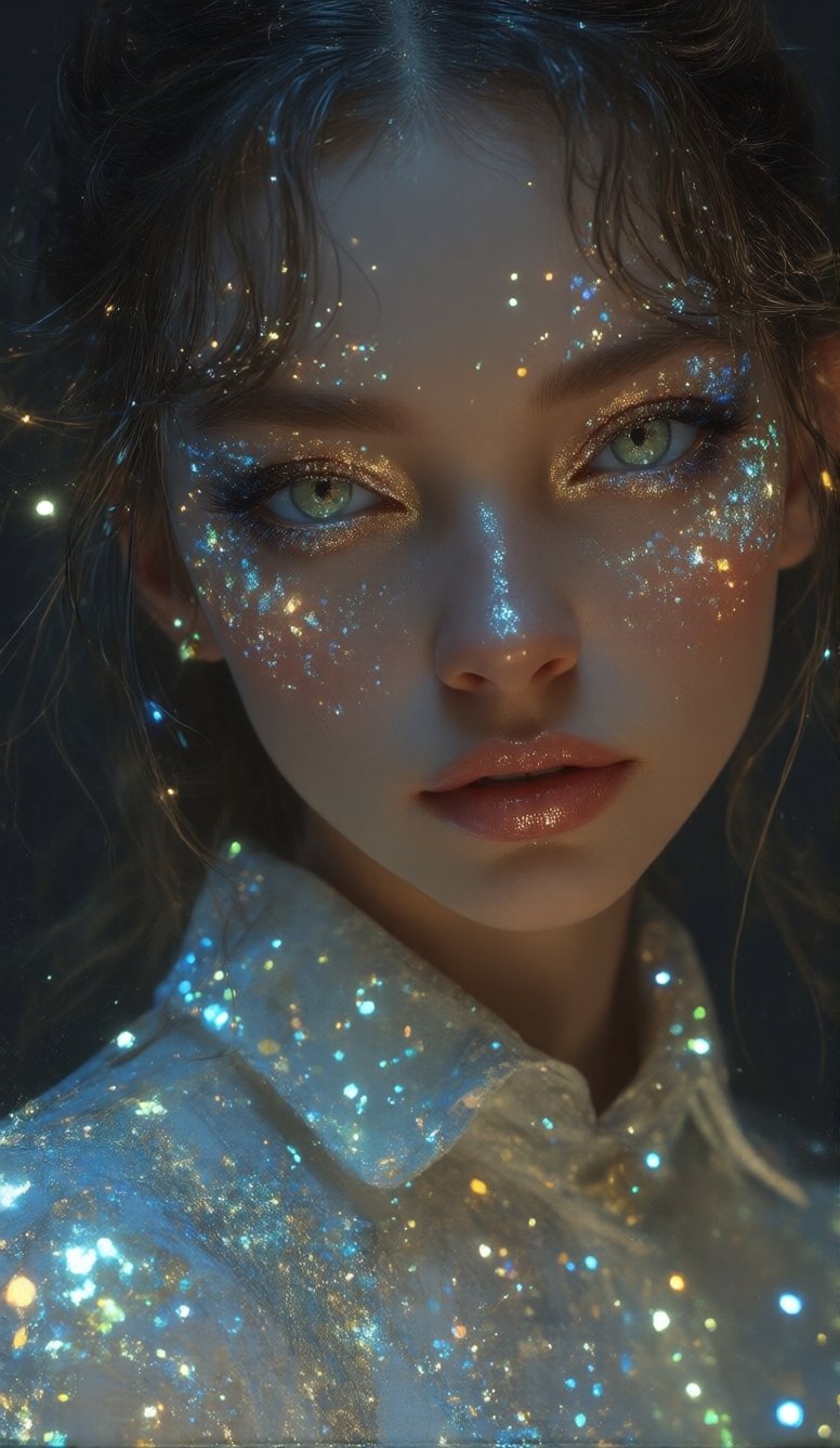 portrait: A portrait of a woman with her hair,  clothes,  makeup adorned with luminous by Stellarium on Tensor.Art