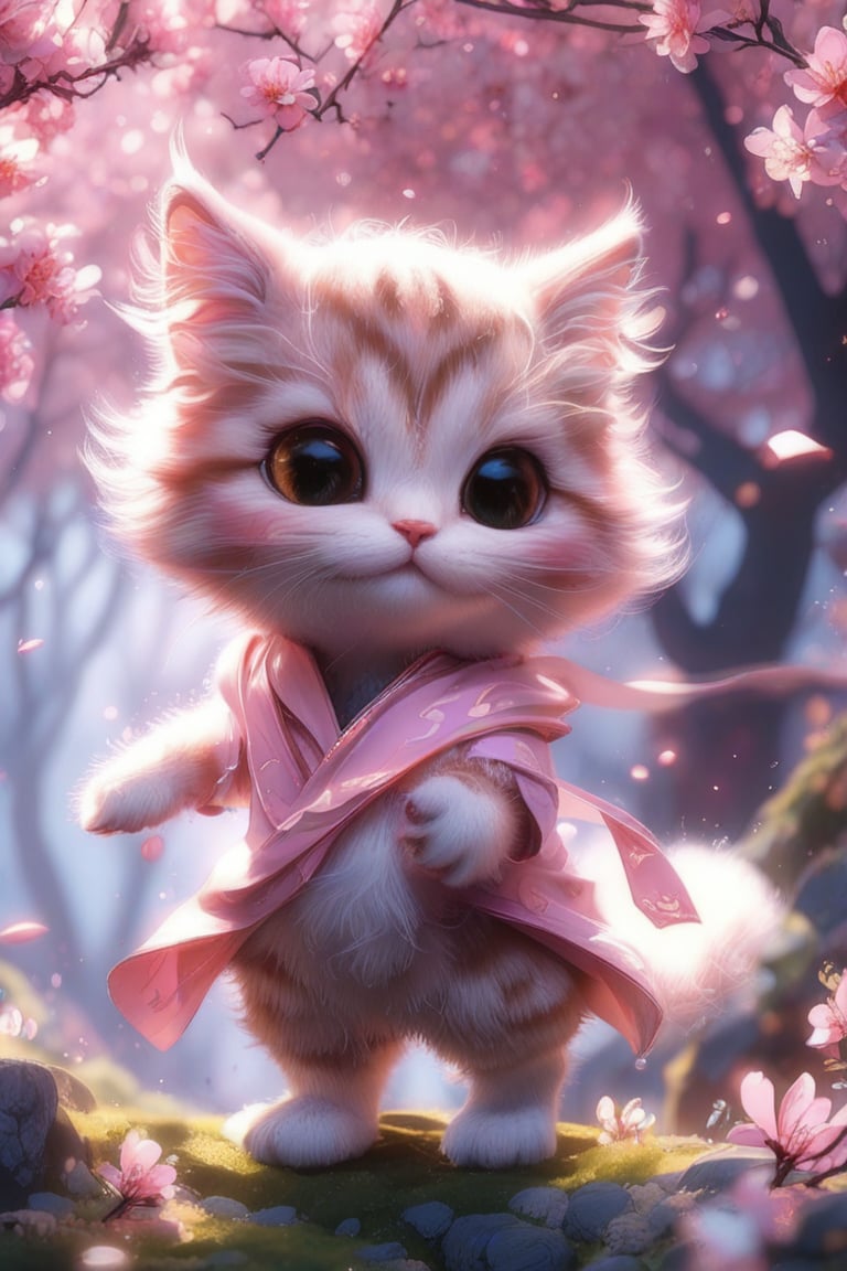 A little cute character cat creature in fantasy world with Cherry Blossom features.. It looks like it's from the movie The Lord of the Rings. I can't believe how beautiful it looks. It looks like it's about to start moving any minute, style raw,  stylize 400, Niji6