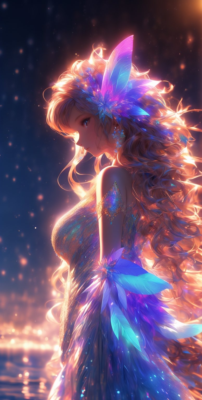 ultra detailed close up illustration of a woman at the seashore after sunset,  she wears a flowy holographic dress made of...