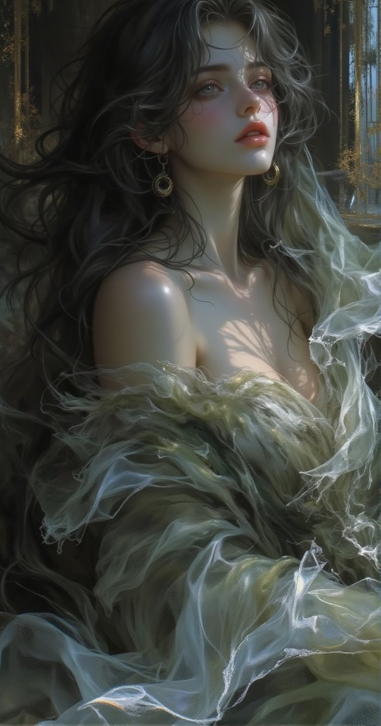 A breathtakingly beautiful and enigmatic woman draped in flowing,  layered fabrics that cascade around her. The interplay...