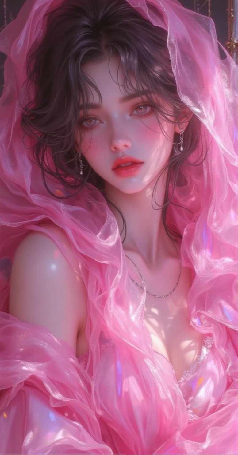A breathtakingly beautiful and enigmatic woman draped in flowing,  pink layered fabrics that cascade around her. The inter...