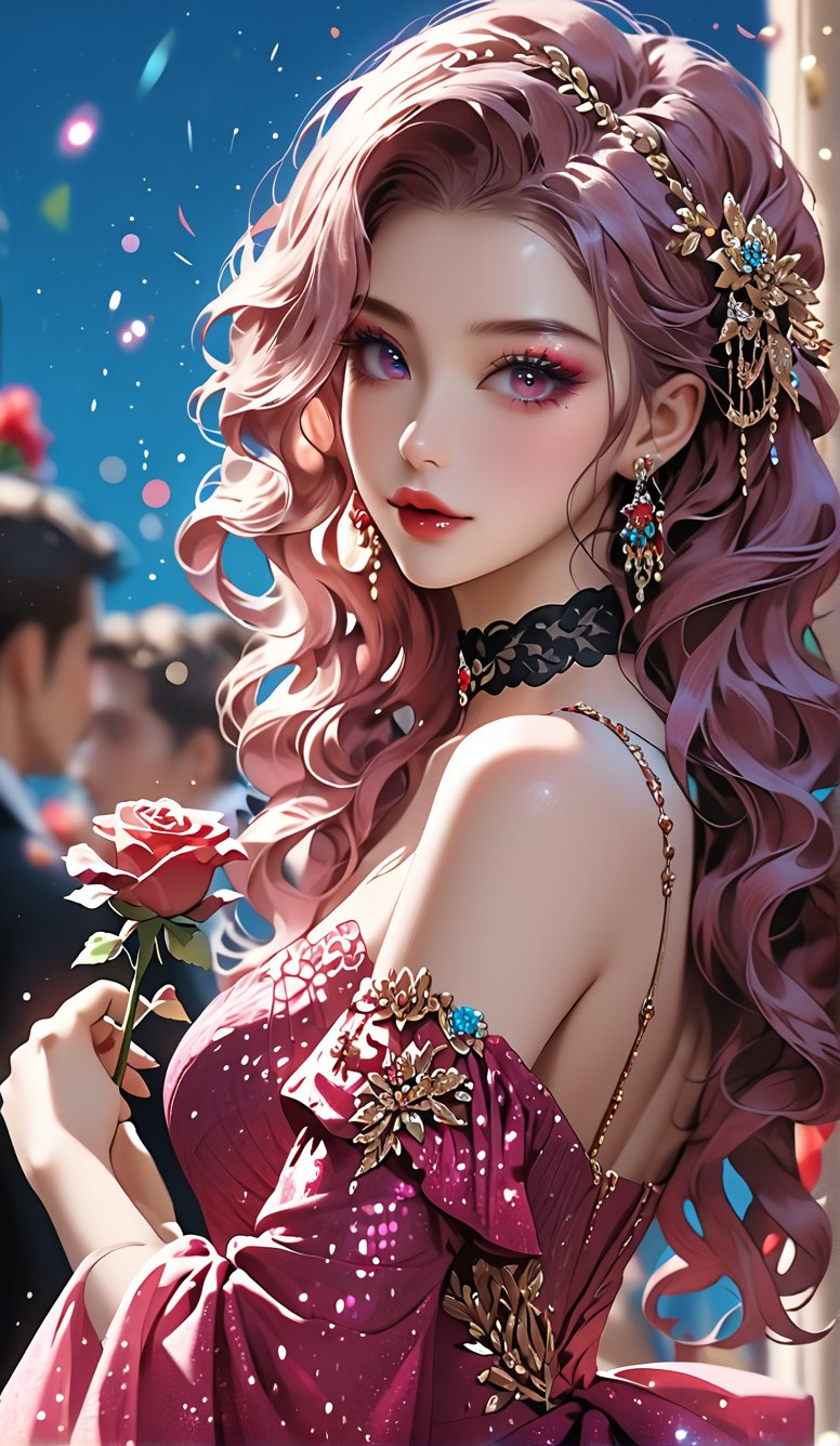 Score_9, score_8_up, score_7_up, score_6_up, 1girl, solo, ((multiple hair colors)), long wavy hair, hair accessories, exquisite makeup, looking at the audience, charming eyes, dress, hugging, bare shoulders, Jewelry, upper body, flowers, earrings, parted lips, choker, off-shoulder, nail polish, side view, red lips, glitter, blue background, black choker, holding rose, pink-purple dress, Papilio memnon.